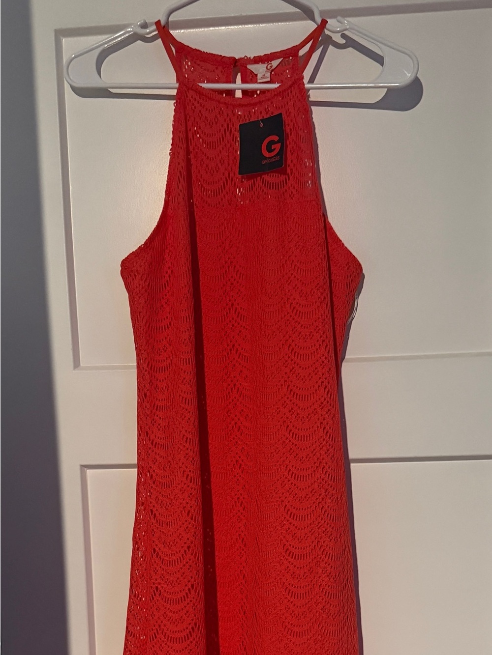 G by GUESS Coral Punch Crochet Halter Tank Dress